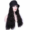 Honyy 24inch Black Bucket Hat with Wave Hair Cap Wig
